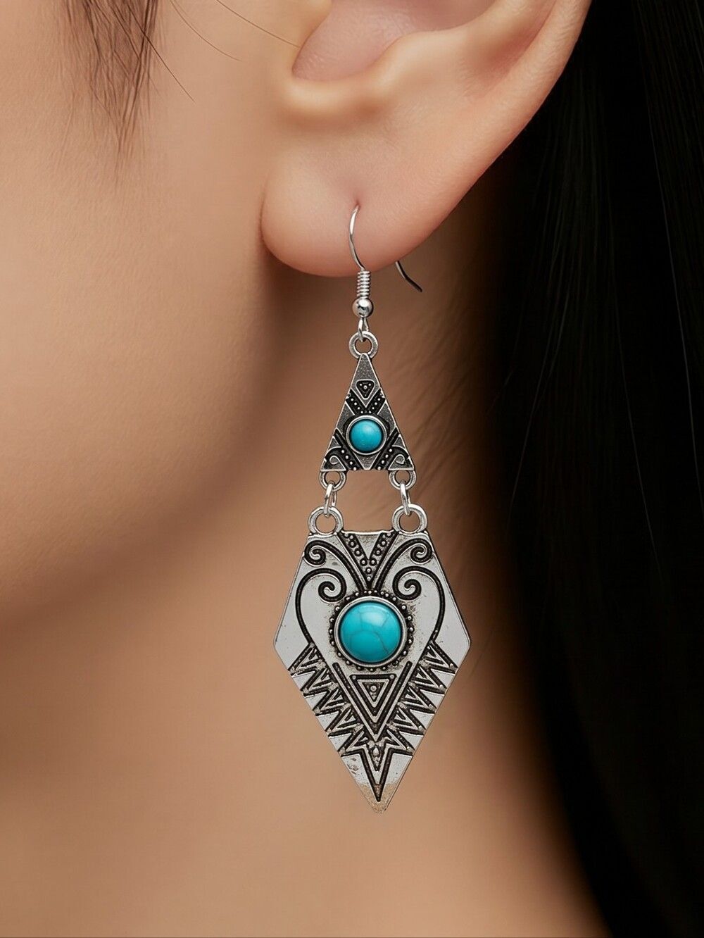 Turquoise Dangle Earrings Western Boho Tribal Silver Statement Drop Festival